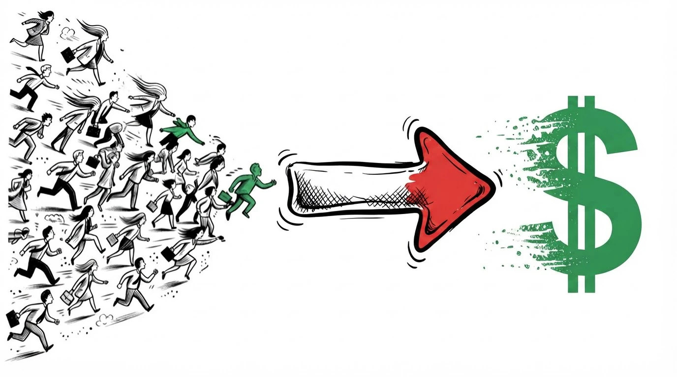 Ilustração de uma multidão de pessoas sendo convertida em dinheiro, indicada por uma seta apontando para um cifrão