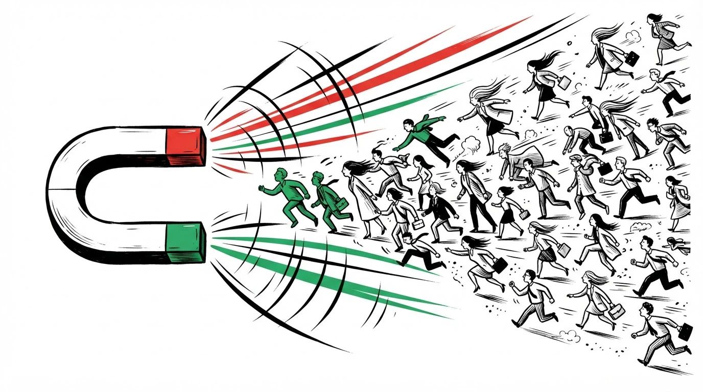 Ilustração de um ímã atraindo uma multidão de pessoas