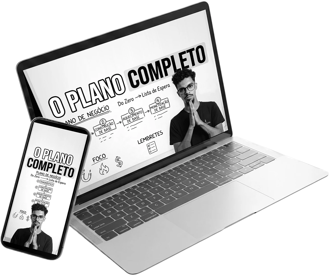 Mockup do curso O Plano Completo em notebook e celular