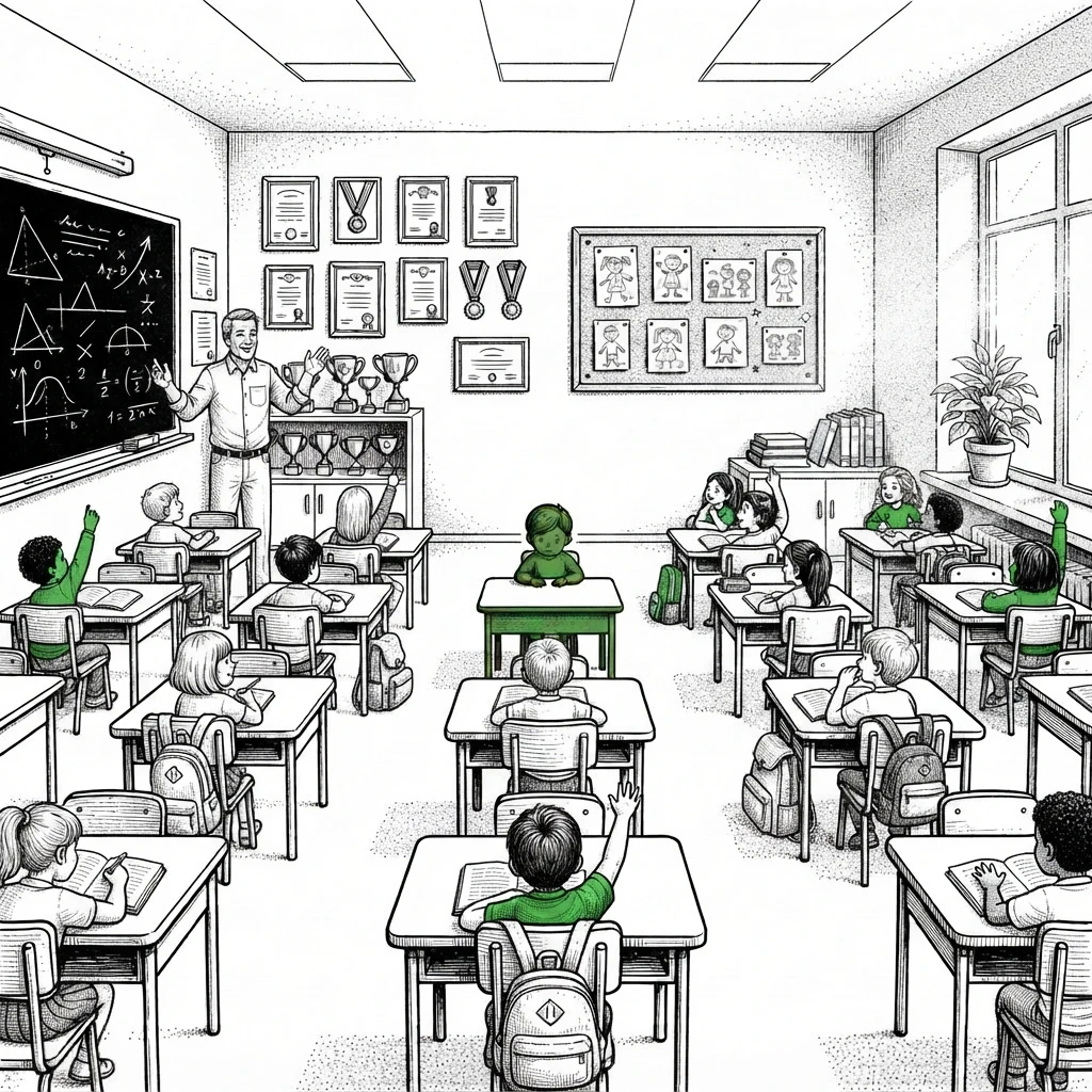 Ilustração da mesma sala de aula, agora com todas as carteiras ocupadas por alunos, mãos levantadas e o professor ensinando