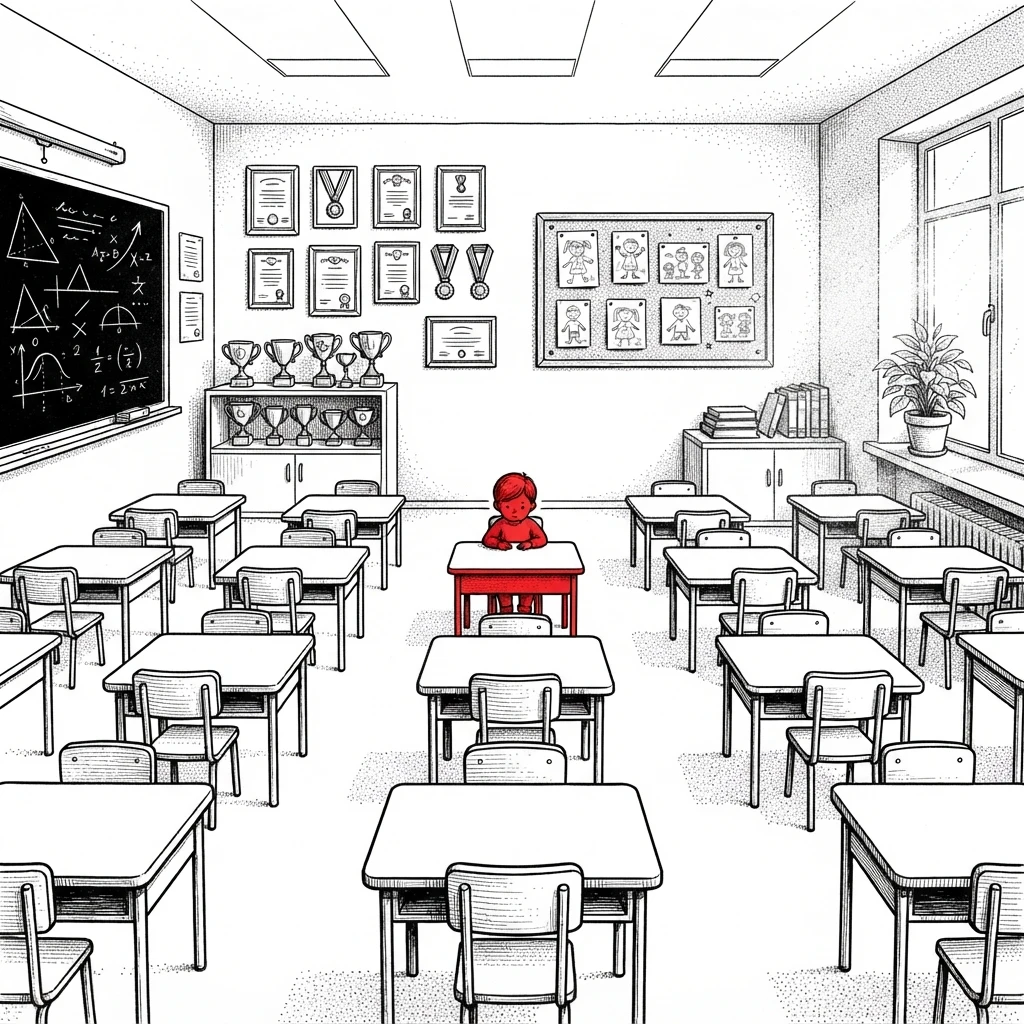 Ilustração de uma sala de aula impecável, com parede de certificados e prateleira de troféus, todas as carteiras vazias e uma única criança sentada sozinha